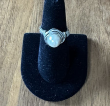 Handcrafted Boho Wire Wrapped Pearl Ring Silver Tone Copper Size 7 , 10mm Pearl