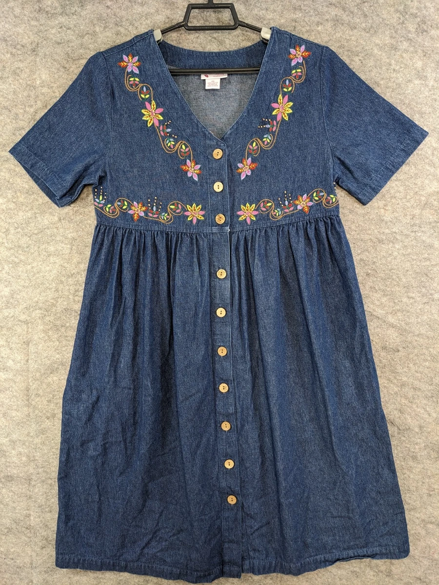 Go Softly Patio Dress Women Small Petite PS Blue Denim Button Up