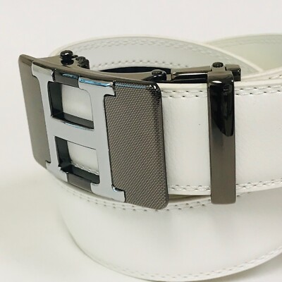 Fashion Buckle Men Leather No Hole Automatic Ratchet Slide Silver Belt  White New