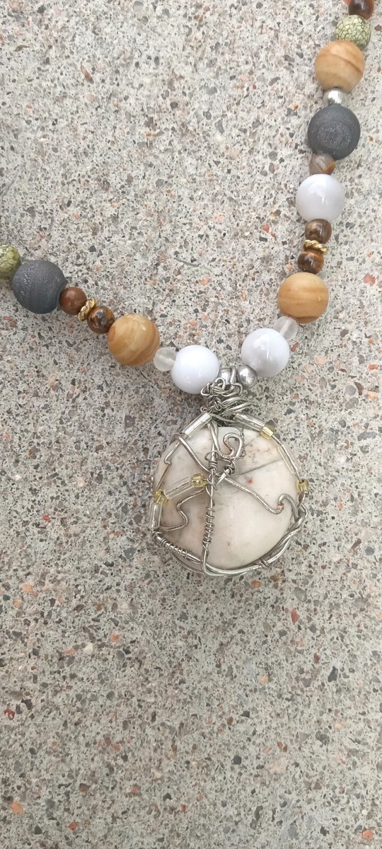 Brown & Gray Marble Pendant Beaded Necklace View 2