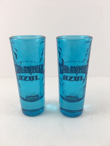 Set Of (2) Original Tarantula Azul Double Shot Glass Dimpled Aqua Blue 4” Tall