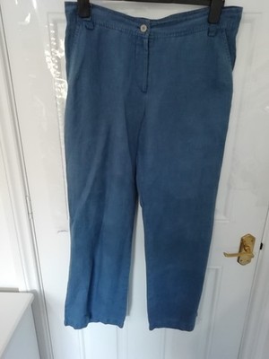 Brora Size 14 Trousers 100% Linen Wide Leg Dusky Blue Lagenlook Pockets Ladies