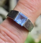 ~VTG~MODERNIST~"925"~STERLING~SILVER~PRINCESS~CUT~AQUAMARINE~RING~SIZE~8~SIGNED~