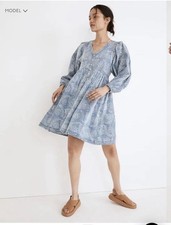 Madewell Bubble Sleeve Button Mini Dress Indigo Paisley Size M Cottagecore