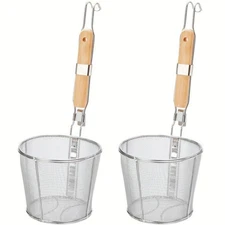 2 Pack Pasta Strainer Basket, Stainless Steel Mesh Spider Strainer with Woode...