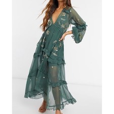 ASOS DESIGN Smock Tiered Midi Dress Size 10 Green Gold Sequin Floral Fairy Sheer