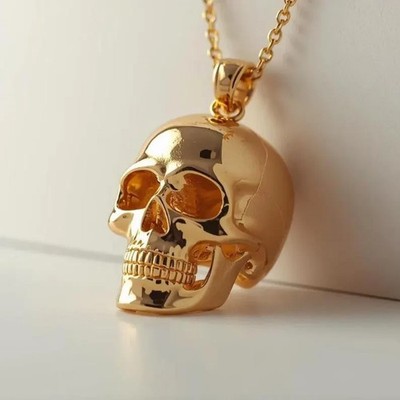18K Yellow Gold Over Fire Matchstick Charm Skull Pendant Only (No Chain) For Men