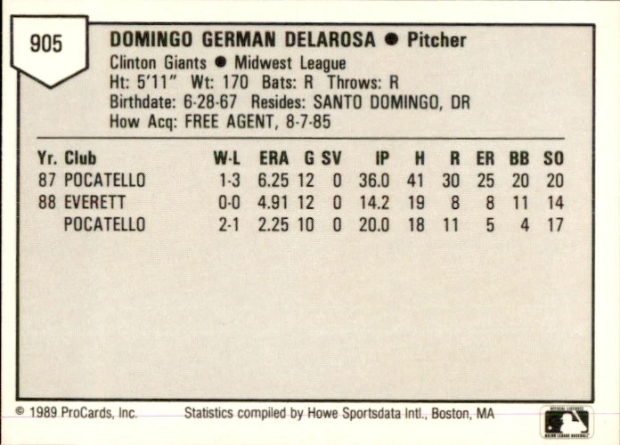 1989 Clinton Giants ProCards #905 Domingo Delarosa Dominican Republic DR NM Card - Image 2 of 2