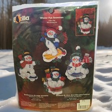 Bucilla Set 4 Winter Fun Snowmen Felt Applique Ornament Kit Ski Sled Ice Skate