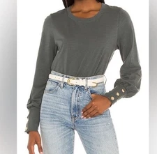 Nation LTD Johnnie Gold Snap Long Sleeve Tee in Hunter Green Gray Small MINT