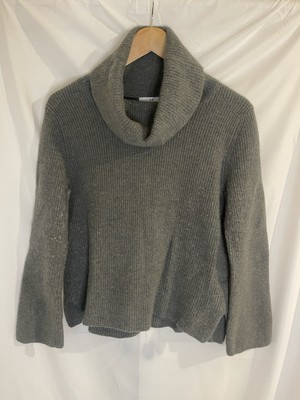 Halston UK S-M 100% Merinowolle Wasserfallausschnitt Strick Pullover Khaki Grau Grün Chic