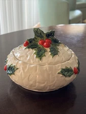 Vintage Lefton Japan Christmas Holly Covered White Candy Dish # 6064   - 70/71