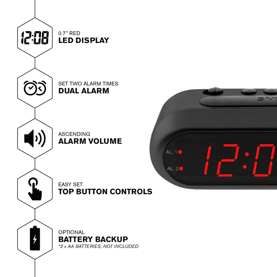 Digital Alarm Clock – Black Case with Red LEDs - Ascending Alarm Grows Increa... - Image 2 of 4