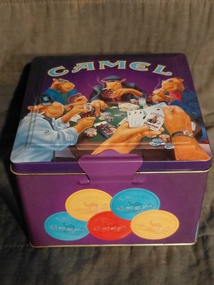 VINTAGE 1994 JOE CAMEL Cigarettes POKER SET 2 Card Decks w Chips in TIN BOX 
