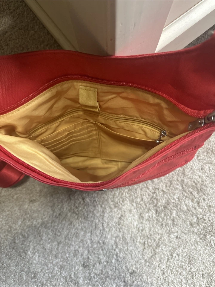 Bolsa tiracolo Baggallini vermelha laranja bolsa 4 zíperes náilon 11 x 11" - Imagem 3 de 4