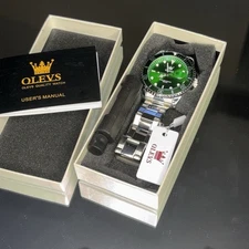 New Olevs Stainless Steel Green Dial Men’s Luxury Water Resistant Quartz Watch