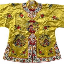 Vintage Chinese Silk Satin Hand Embroidered Pagoda Jacket Kimono Top S Yellow