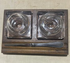 Juego de escritorio de madera vintage años 40 con tinteros de doble cristal y abrecartas