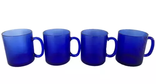 Vintage Cobalt Blue Glass Coffee Tea Mugs France 10 oz Cups SET OF 4 EUC Royal