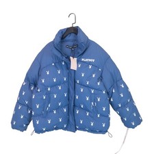 Playboy X Missguided Blue Logo Puffer Coat Jacket - Size 10 New