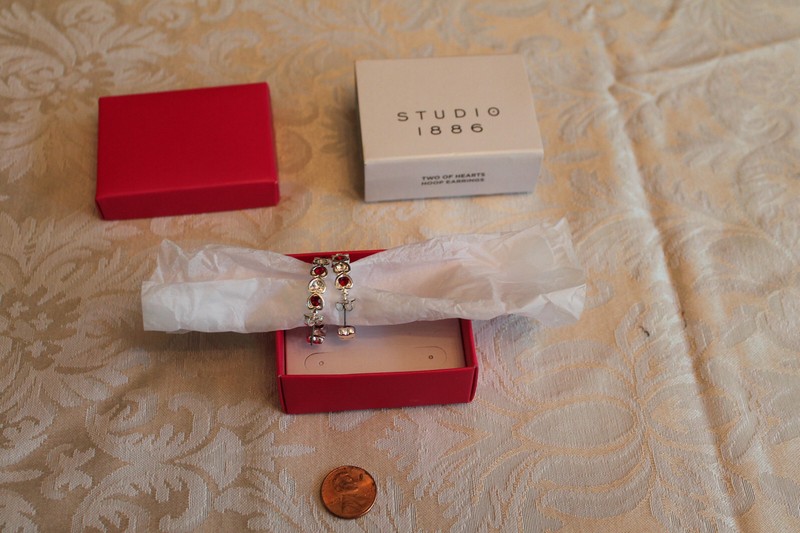 STUDIO 1886 AVON HOOP STYLE EARRINGS CRYSTAL W/ RED HEARTS SILVER TONE 