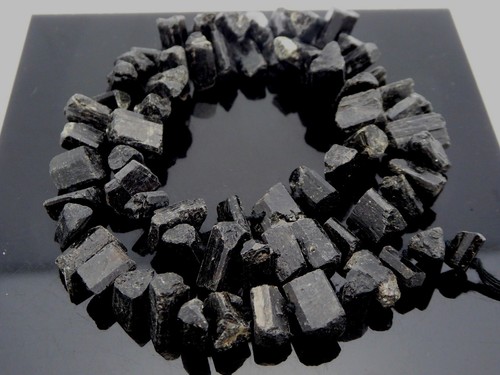 Natural Black Tourmaline Rough Points Sticks Center Drill Gemstone Beads Std 16"