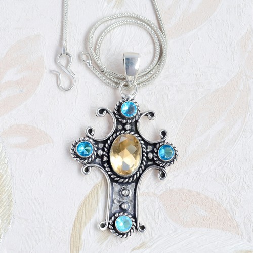 Citrine Topaz & Blue Topaz Gemstone 925 Sterling Silver Christmas Cross Pendant - Picture 5 of 8
