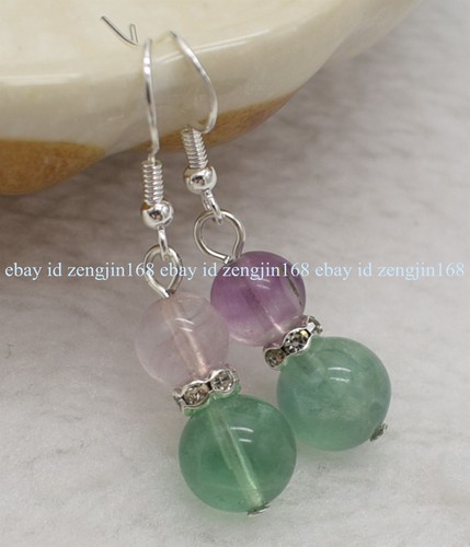 Fashion 8-10mm Colorful Fluorite Round Gems Beads Silver Hook Dangle Earrings - Picture 8 of 12