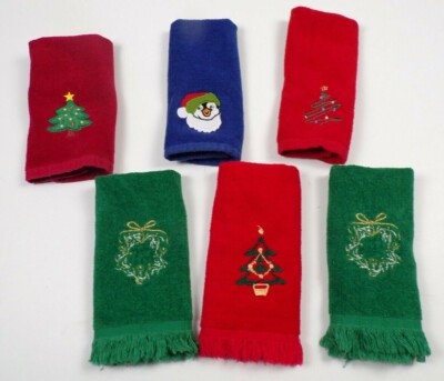 Vtg Christmas Fingertip Towels Green Red Blue 16'' x 11'' Lot of 6 Trees Penguin