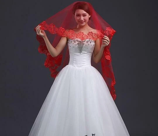 Velo Boda Rojo Niveles Longitud Dedo Colorete Velo 2" Adornos Lindo Floral Foto 3 de 4