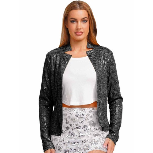 Frauen Mantel Cardigan Jacken Pailletten Blazer Bomber Langarm Hochzeit Formal - Bild 16 von 43