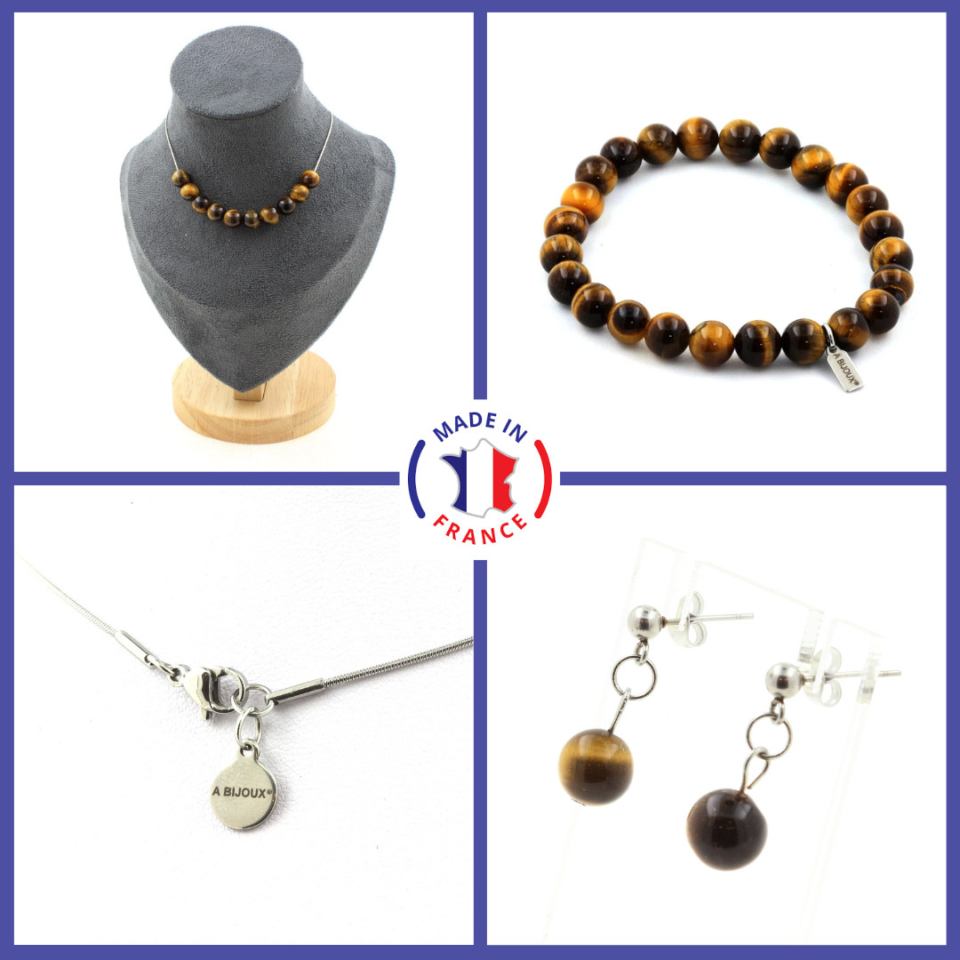 Parure bracelet collier boucles d'oreilles puces 10 perles Oeil de Tigre bijoux sur mesure