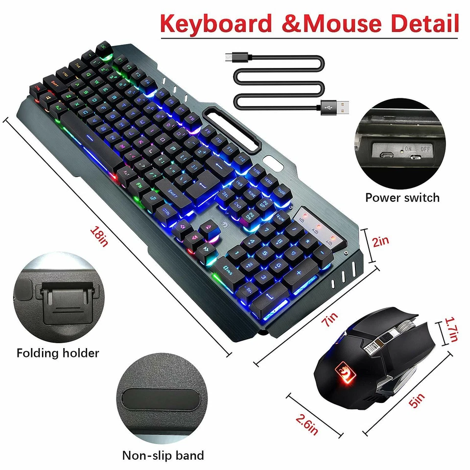 UK Cordless Wireless Gaming Keyboard and Mouse Set LED Backlit Mechanical Keypad - Image 2 of 4
