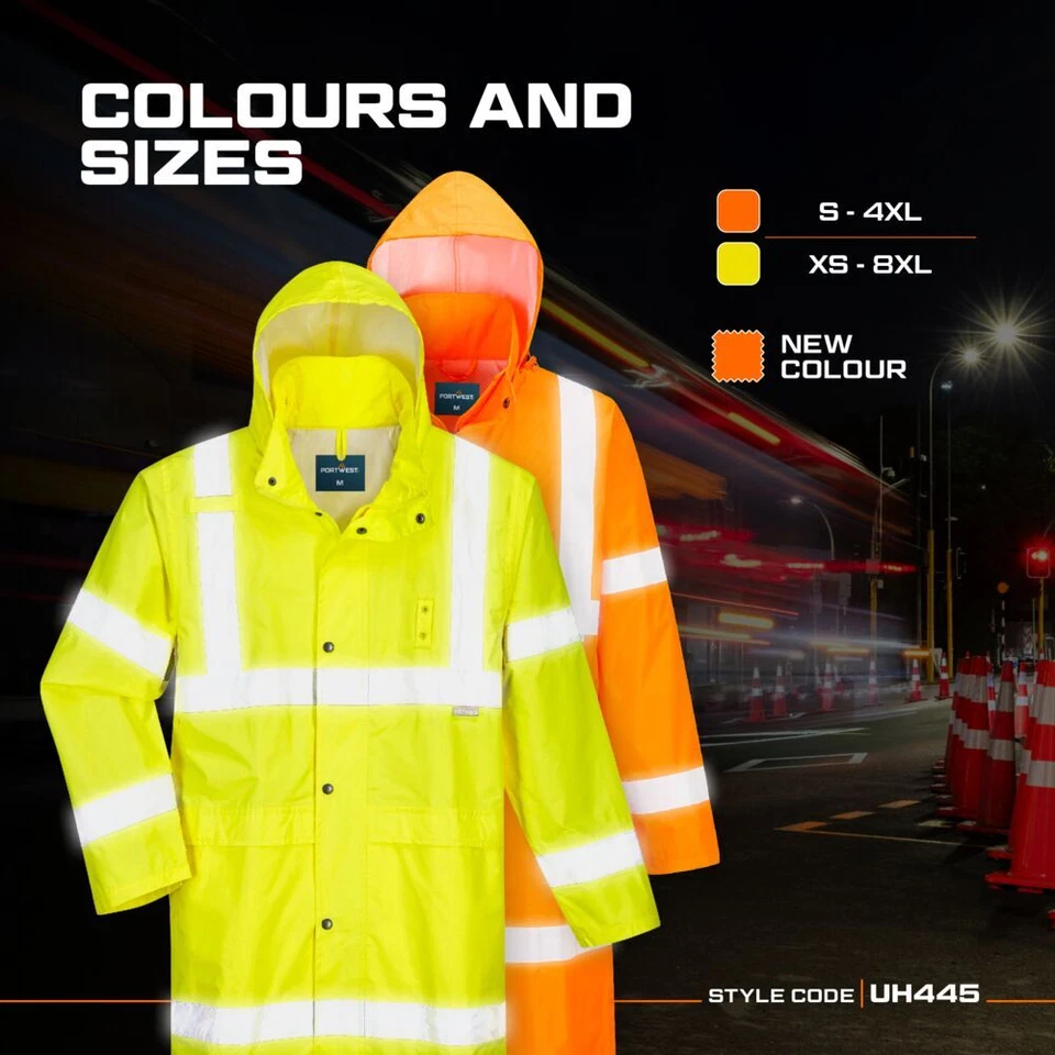 Portwest UH445 Mens Waterproof Raincoat Hi Vis Reflective Lightweight 48" Jacket - Image 4 of 4