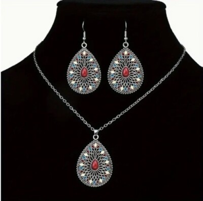 Zara Boho Ohrringe blau weiß rot Stein Mosaik Silber & passende Halskette Kette