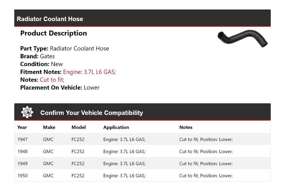 Manguera de refrigerante de radiador de gas para 1947-1950 GMC FC252 3,7 L L6 puertas inferiores 1948 1949 Foto 2 de 4