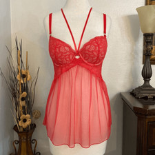Victoria s Secret Sheer Red Lace Push Up Baby Doll Slip Size 36C