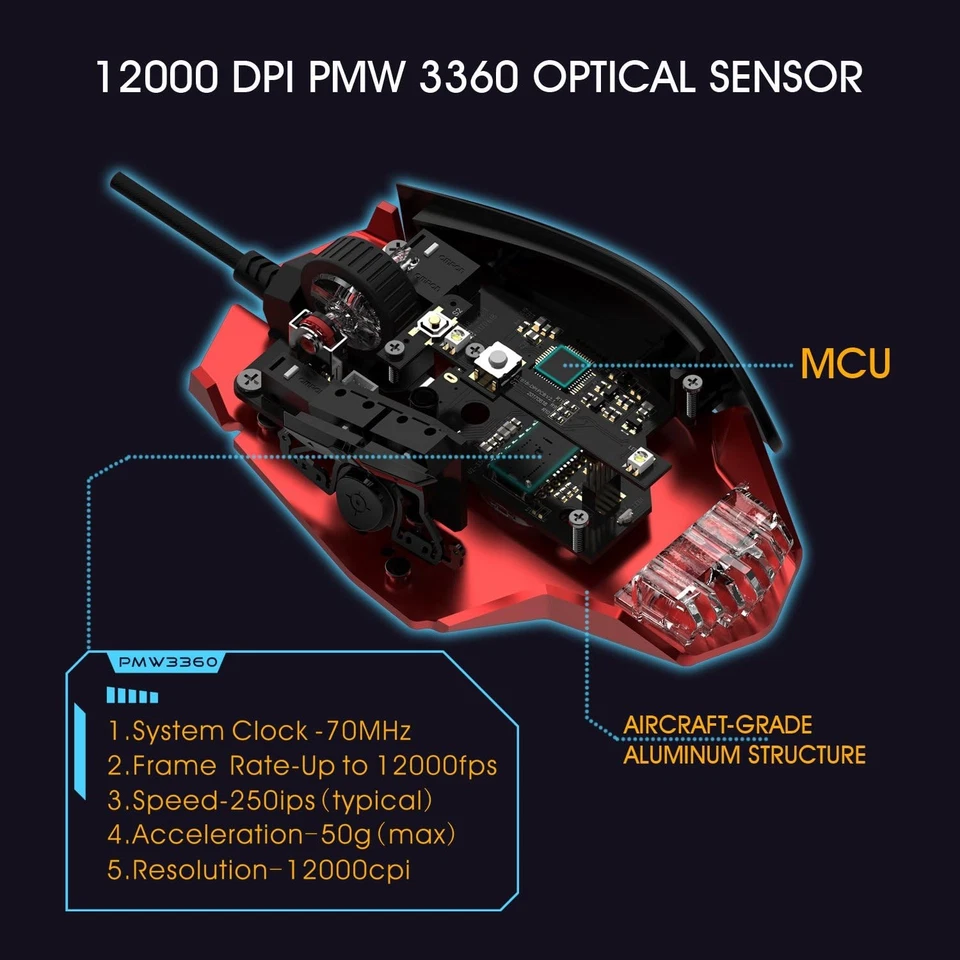 Wired Gaming Mouse, 12,000 DPI Ergonomic Design RGB Lighting Multi-OS Compatible - Image 3 of 4