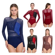 Women Gymnastic Jumpsuit Shiny Rhinestones Sheer Long Sleeve Color Block Leotard