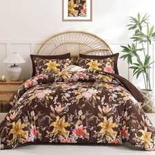 Comforter Set - 7 Pieces Floral Soft Bedding Sets Bed in a Bag Queen Brown