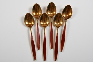 C68M36 6x Georg Jensen Silber 925 Löffel vergoldet m. Email