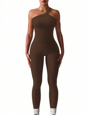 One Shoulder Ribbed Yoga Jumpsuit for Women - Stylish Workout One Piece