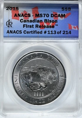 2015 $8 ANACS MS70 DCAM Canadian Bison Silver 1st Release Coin 999 1 oz 113/214 - Image 1 of 2
