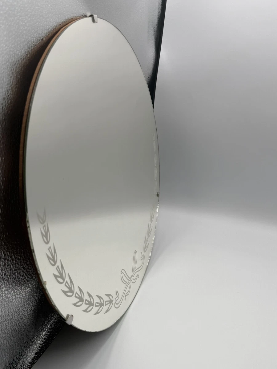 Vtg Round Frameless 15'' Wall Mirror Etched White Ribbon Flowers 1940's Art Deco