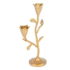 Hand-Forged Cast Iron Candelabra with Flowers and Bird, Gold