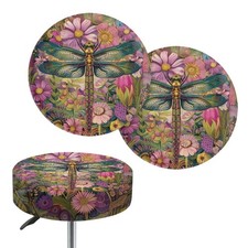 Dragonfly Flower Print Stool Covers Round, Stretchy Round Bar Stool Covers wi...