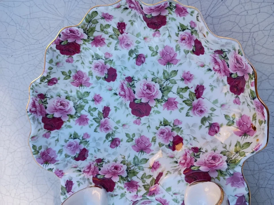 复古花卉玫瑰双人餐盘带手柄-破旧别致桌子装饰 — 第 4/4 张图片