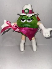 Vintage 2004 10” Green M&M Cowgirl Plush With Cowgirl Hat And Bandanna