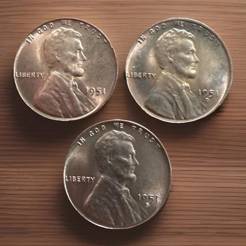 Lot of 3 Red Gem BU 1951 P D S Lincoln Wheat Cents FAST SHIPPING 1307