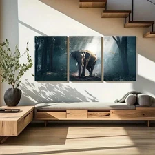 3pcs Elephant in Enchanted Forest Landscape Wall Art Canvas Framed 50x70cm
